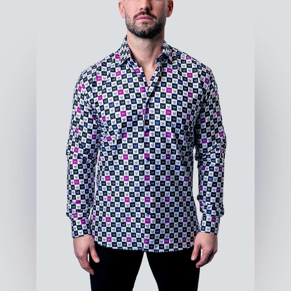 Maceoo Fibonacci Skull Square Multi Button Down Shirt NWOT